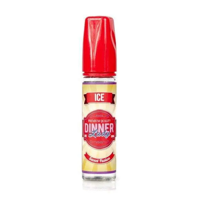 Dinner Lady sweet fusion Ice vape juice bottle with red cap on a white background