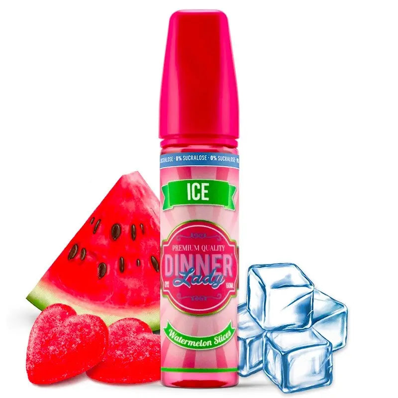 Dinner Lady Ice watermelon slice vape juice bottle with watermelon, gummy bears, and ice cubes on a white background