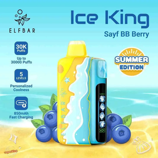 Elf Bar Ice King Sayf BB Berry vape device with blueberries on a beach background