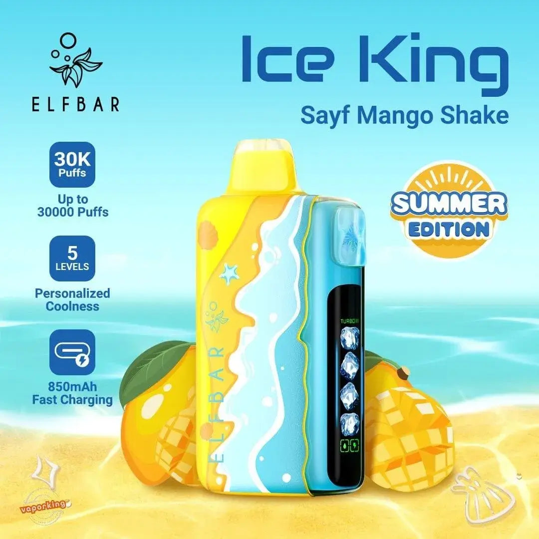 ELFBAR Ice King Sayf Mango Shake Summer Edition disposable vape device with a yellow and blue tropical wave design, displayed on a sandy beach background with mangoes and ocean graphics.