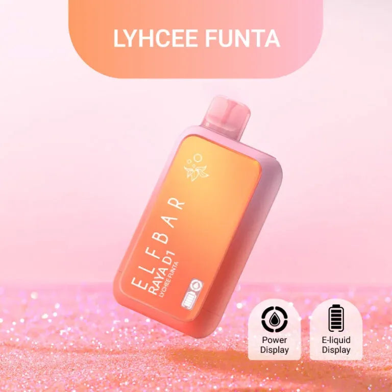 Pink Elf Bar vape device with 'LYHCEE FUNTA' branding on a pink gradient background