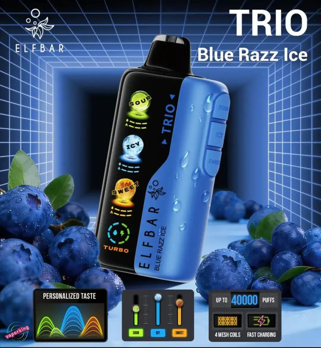 Elf Bar Trio Blue Razz Ice vape device surrounded by blueberries with product details on a blue grid background.