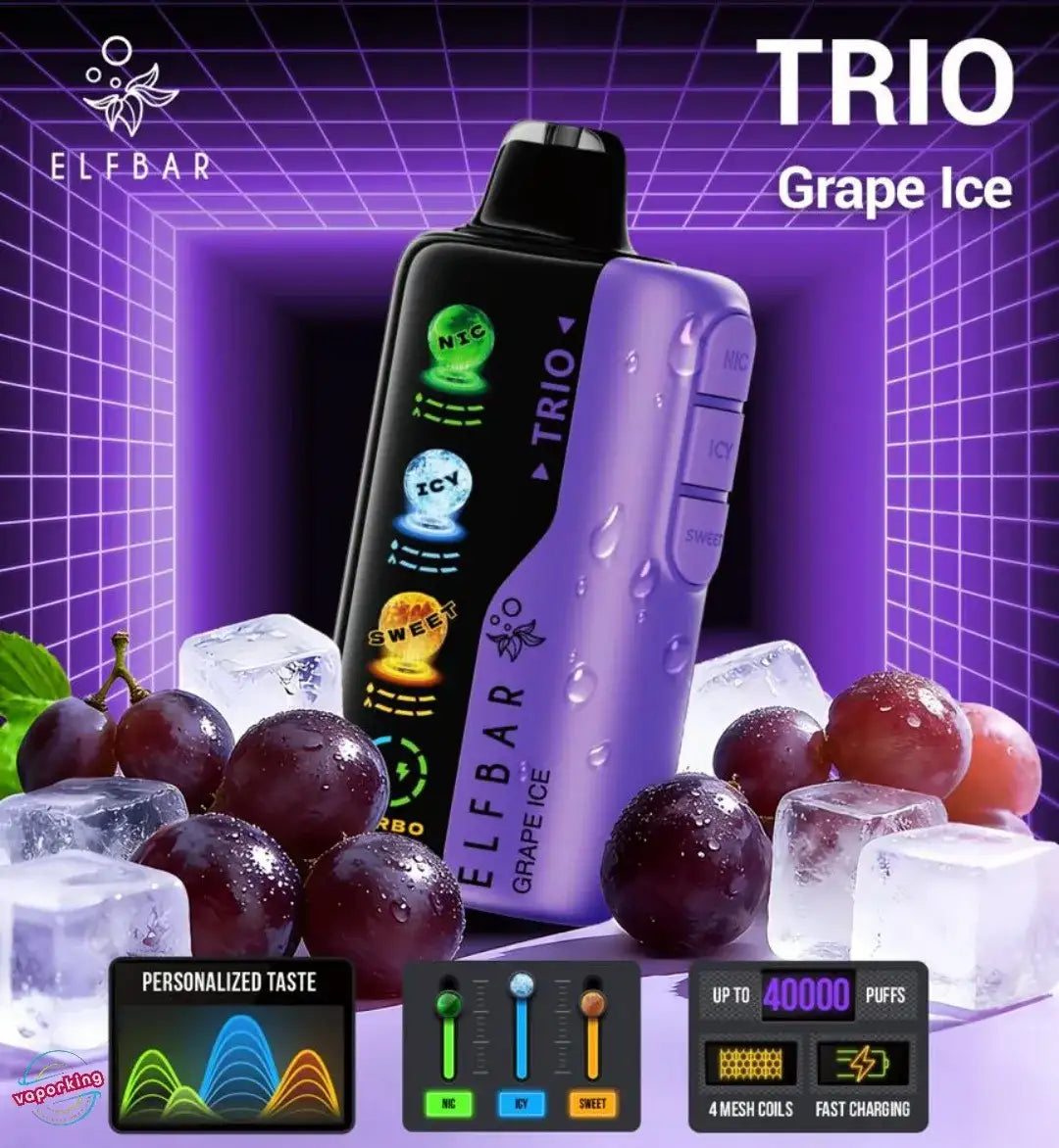 Elf Bar Trio Grape Ice vape device with grapes and ice cubes on a futuristic grid background