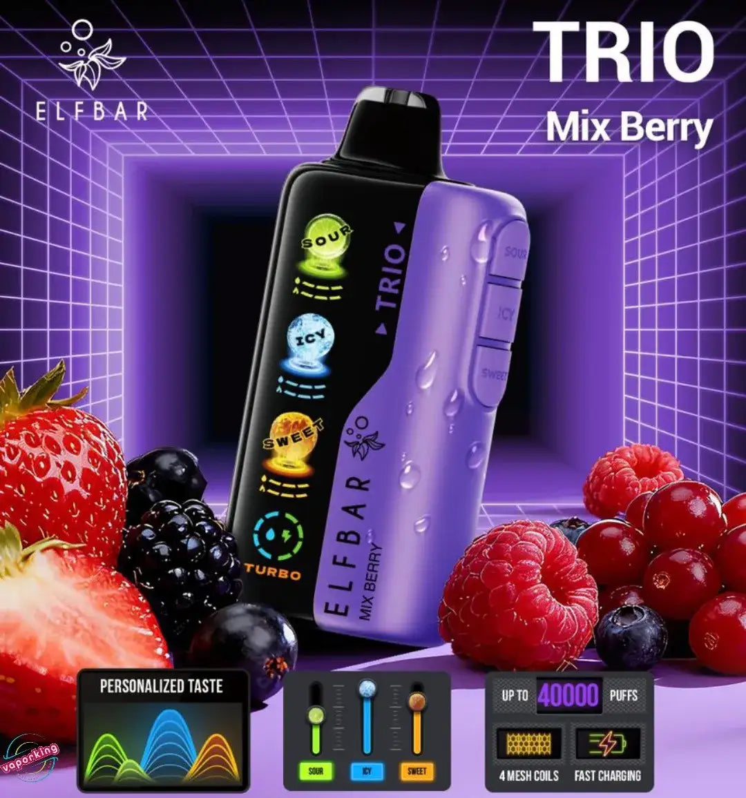Elf Bar Trio Mix Berry vape device with fruit graphics on a purple grid background