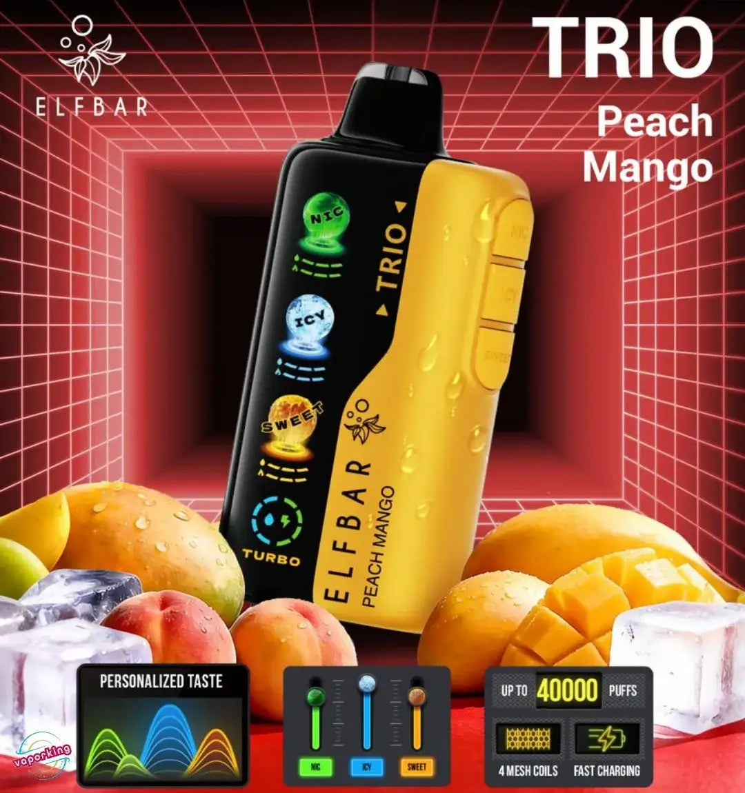 Eleaf TRIO vape device with peach and mango flavor on a red background
