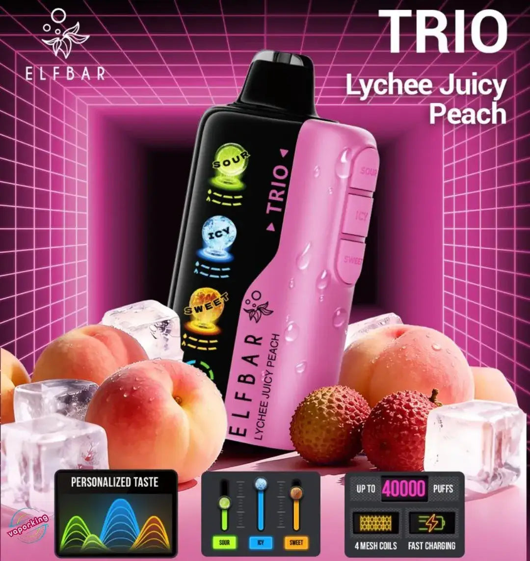 Elf Bar Trio vape device with lychee juicy peach flavor on a pink and purple grid background.