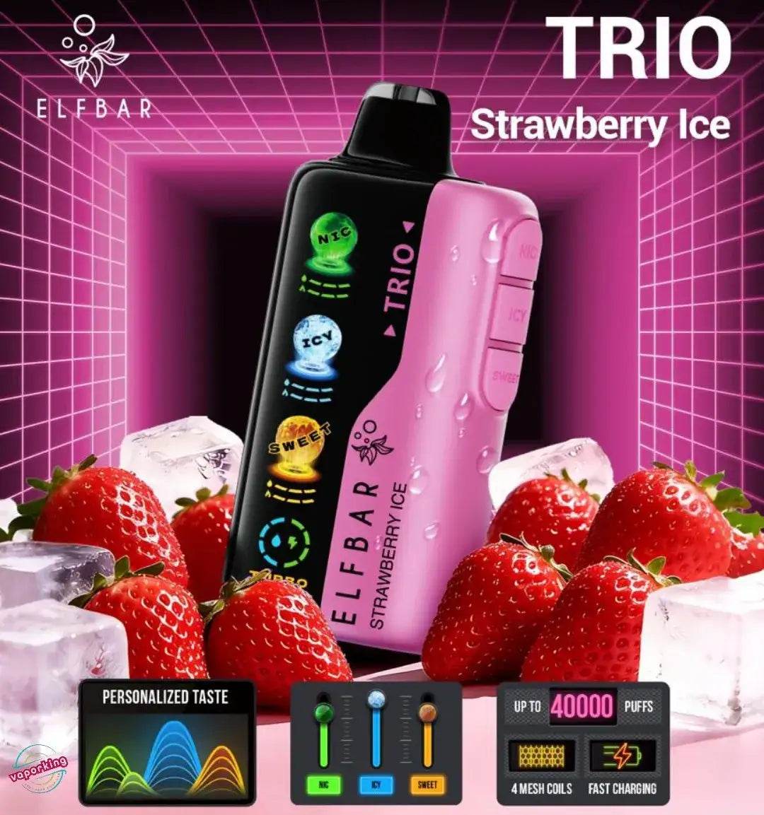 Elf Bar Trio Strawberry Ice vape device with strawberries and ice cubes on a pink grid background