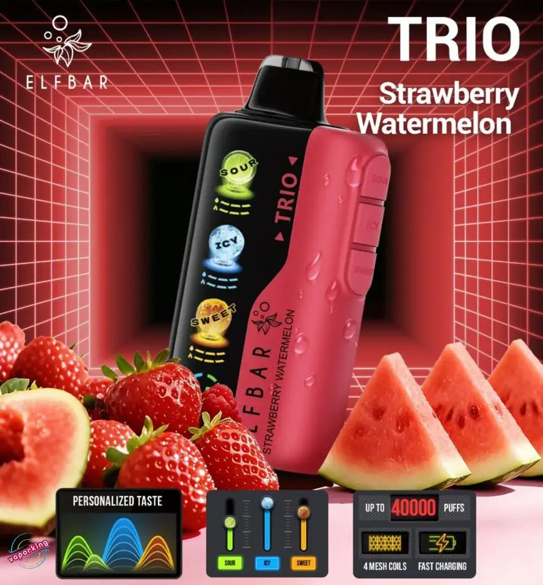 Elf Bar Trio Strawberry Watermelon vape device with strawberries and watermelon slices on a red grid background.