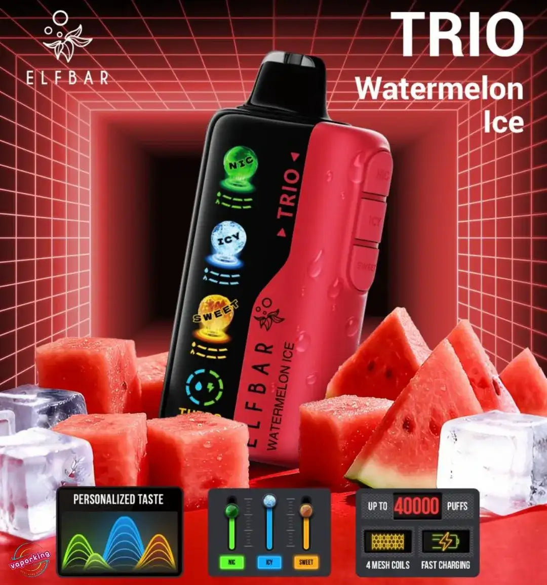 Elf Bar Trio Watermelon Ice vape device with watermelon slices and ice cubes on a vibrant background.