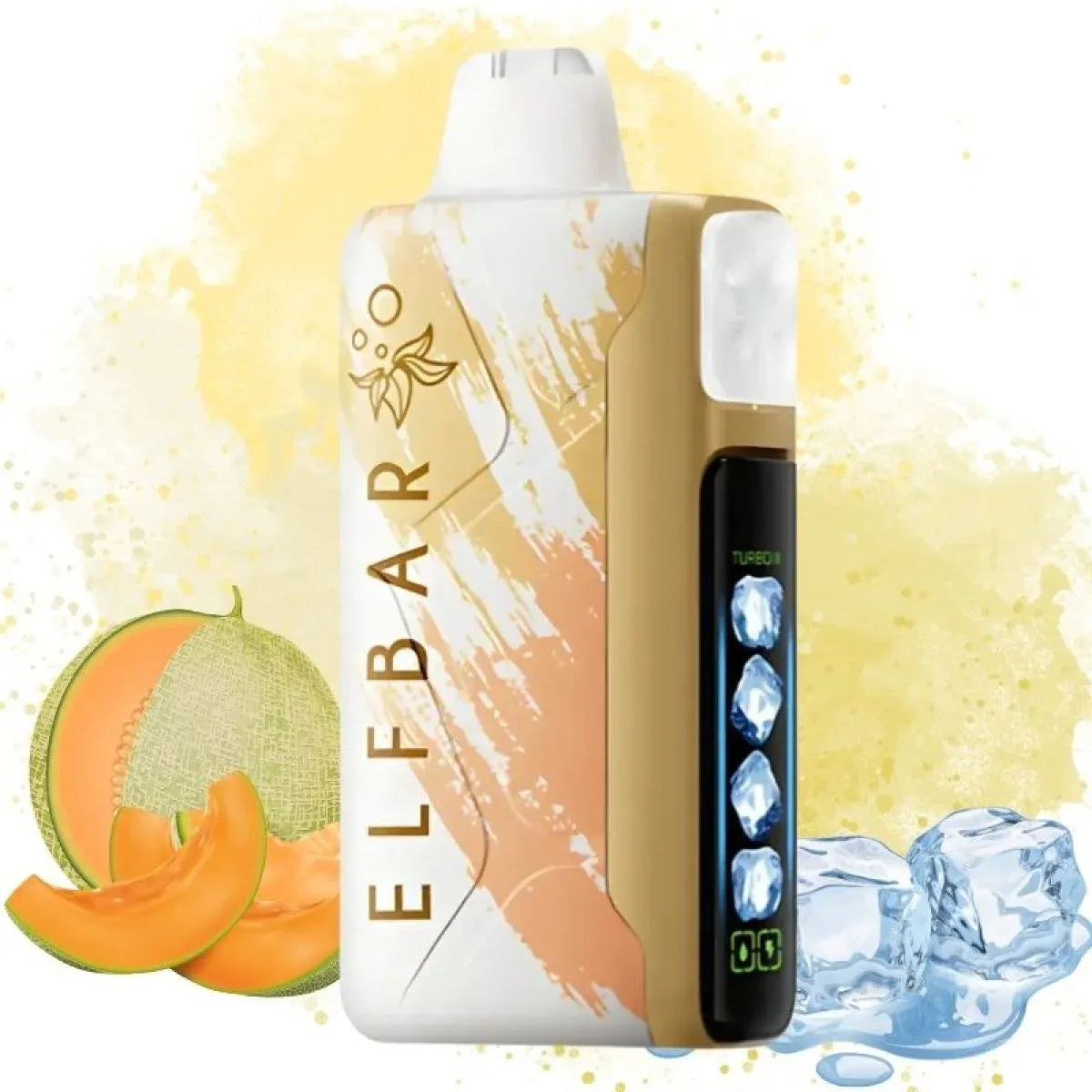Elfbar ice king vape device with cantaloupe and ice elements on a colorful background