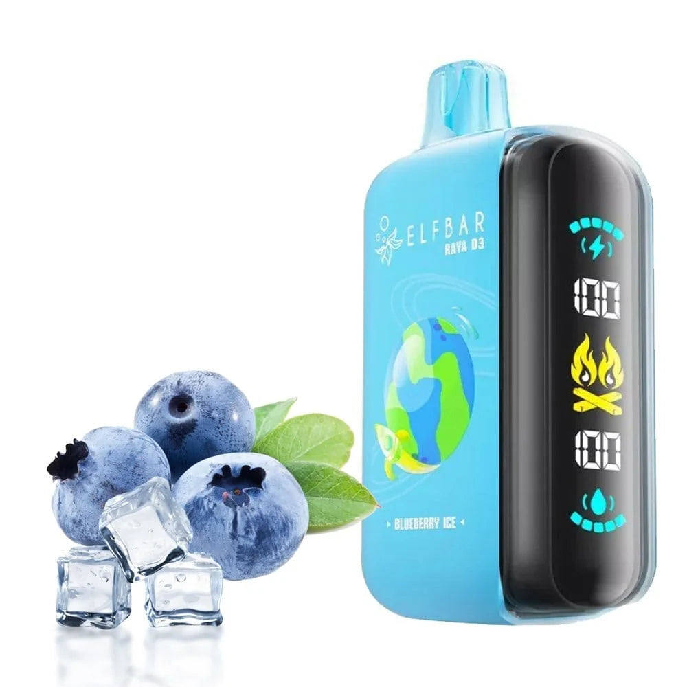 Elfbar Raya d3 vape device with blueberry and ice flavour, on a white background