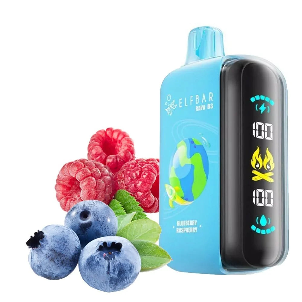 Elfbar Raya d3 vape device with blueberry and raspberry flavour, on a white background
