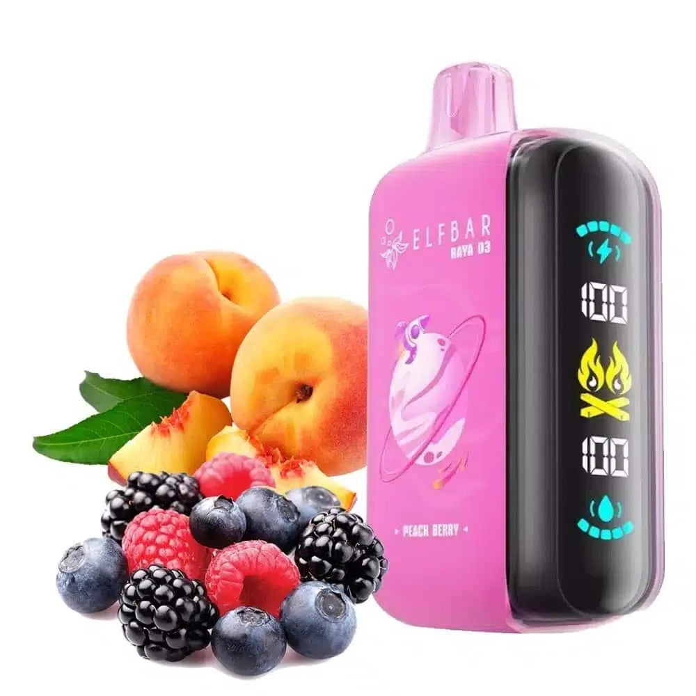 Elfbar Raya d3 vape device with peach and berries flavour, on a white background