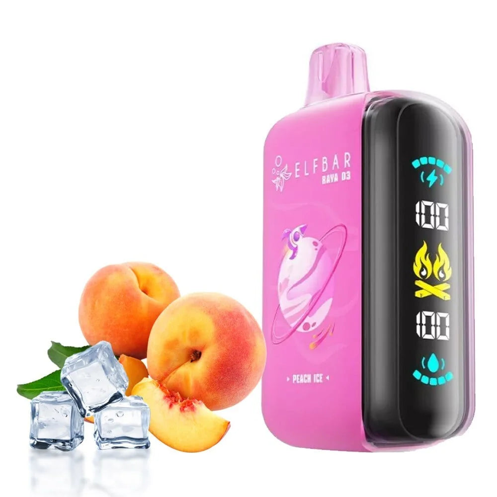 Elfbar Raya d3 vape device with peach and ice flavour, on a white background