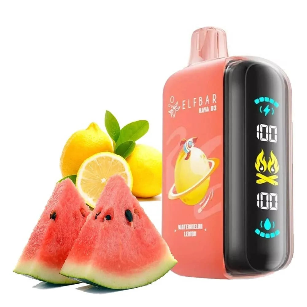 Elfbar Raya d3 vape device with watermelon and lemon flavour, on a white background
