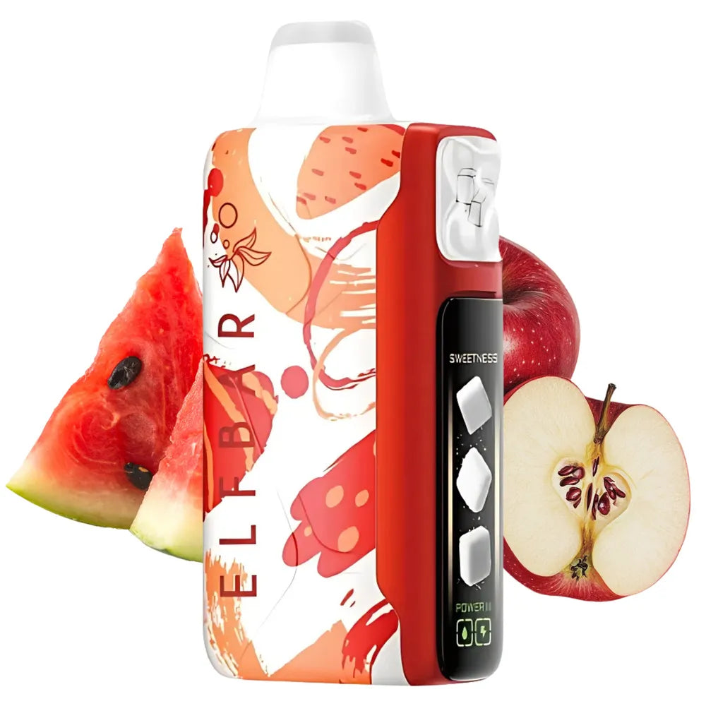 ELFBAR Sweet King Apple watermelon vape device with fruit-themed packaging featuring watermelon and apple slices on a white background.