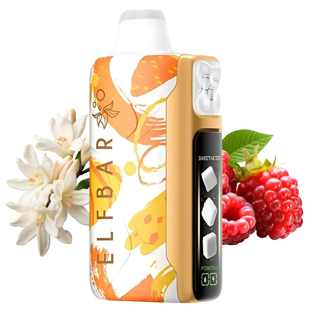 Elf Bar sweet king jasmine raspberry vape device with jasmine and berry elements on a white background