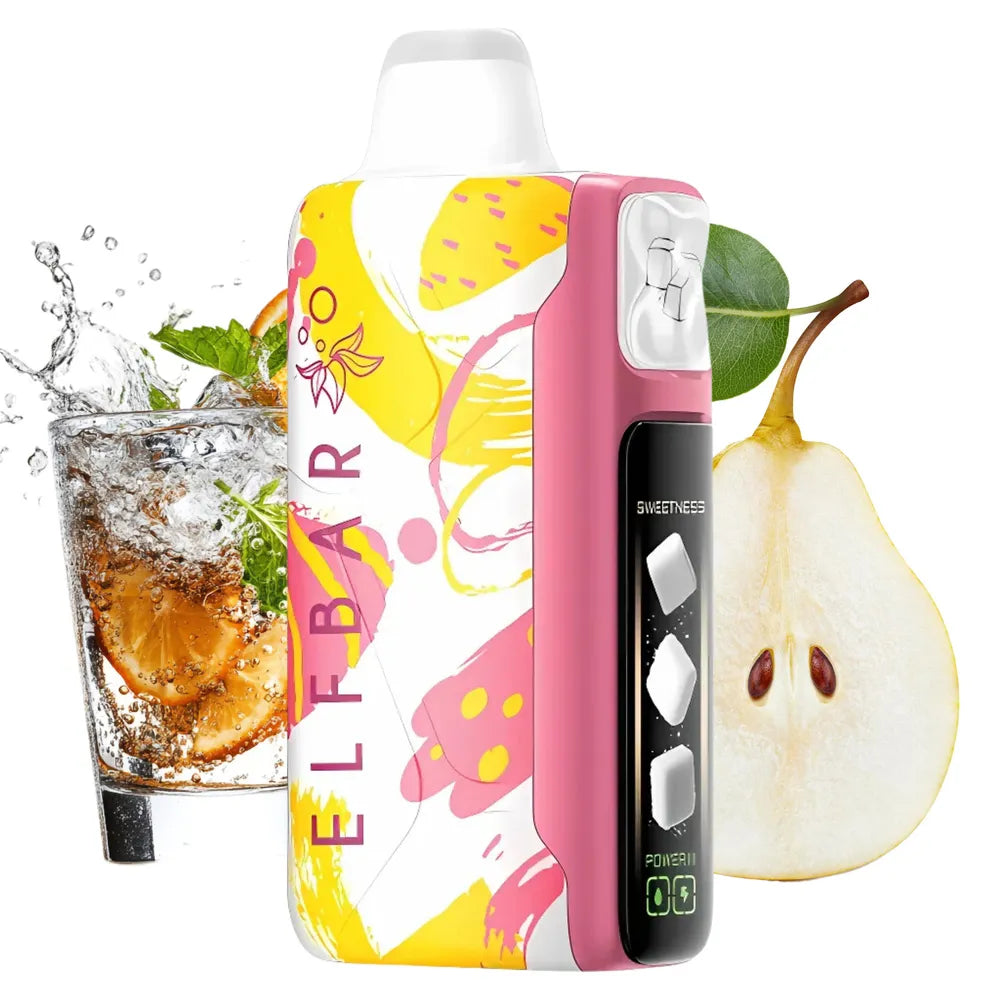 ELFBAR Sweet King pear soda vape - with, glass of soda, and pear on a white background