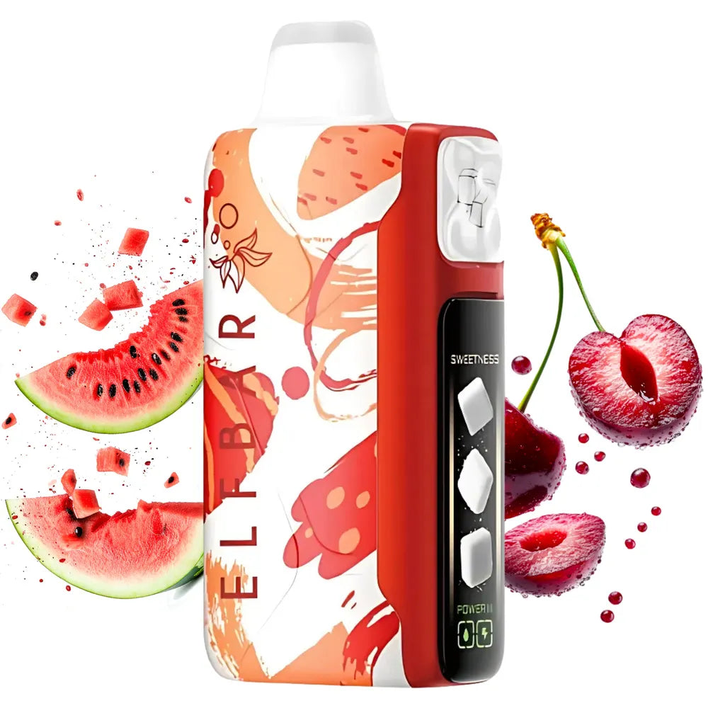 Elfbar sweet king watermelon cherry vape device with watermelon and cherry graphics on a white background