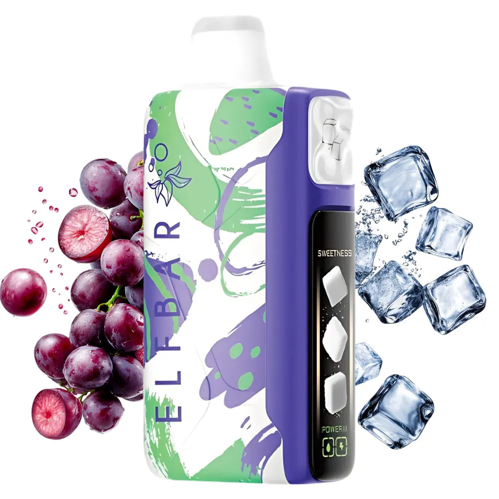 ELFBAR Sweet King grape ice vape device with, grapes, and ice cubes on a white background