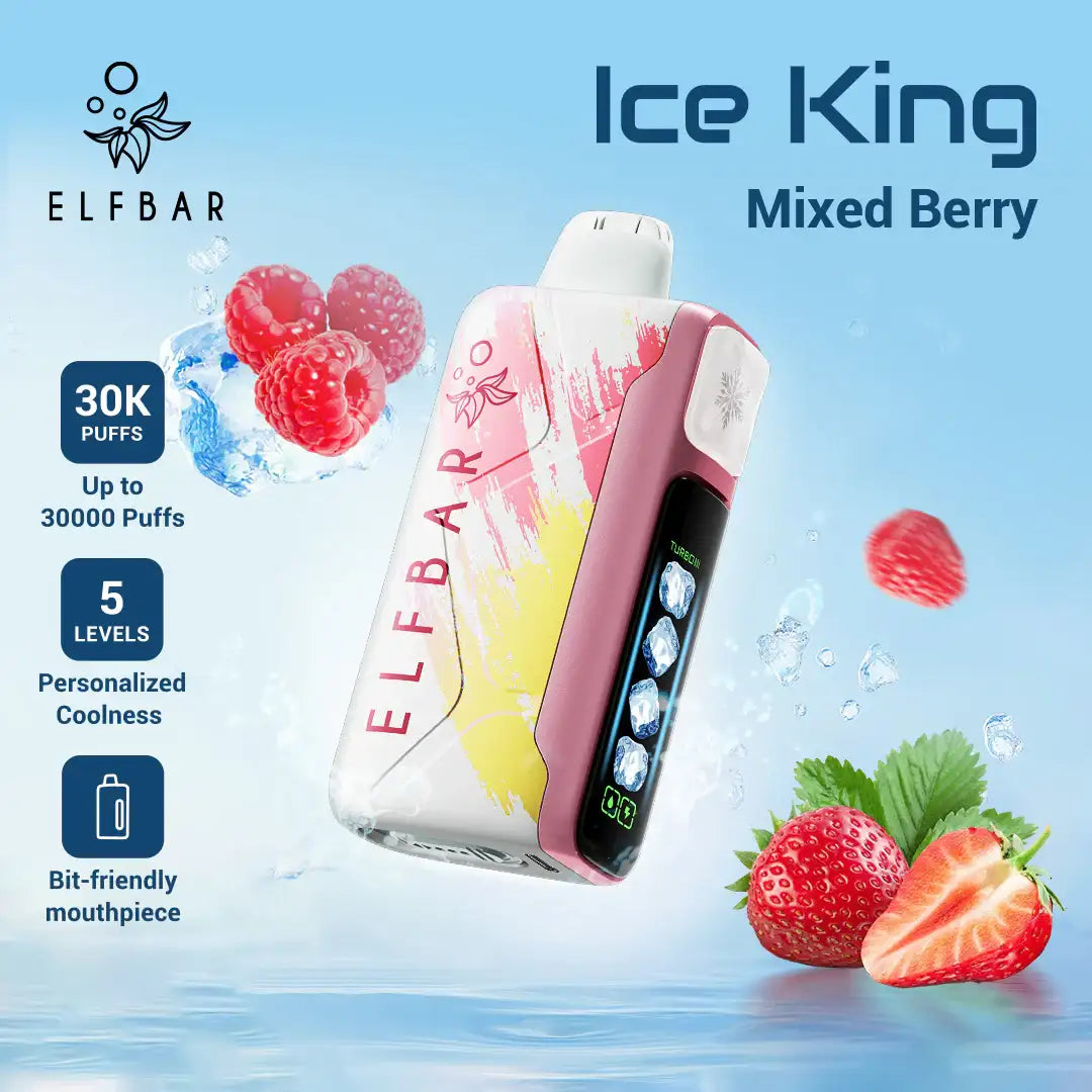 Elfbar Ice King Mixed Berry vape device with fruit graphics on a light blue background