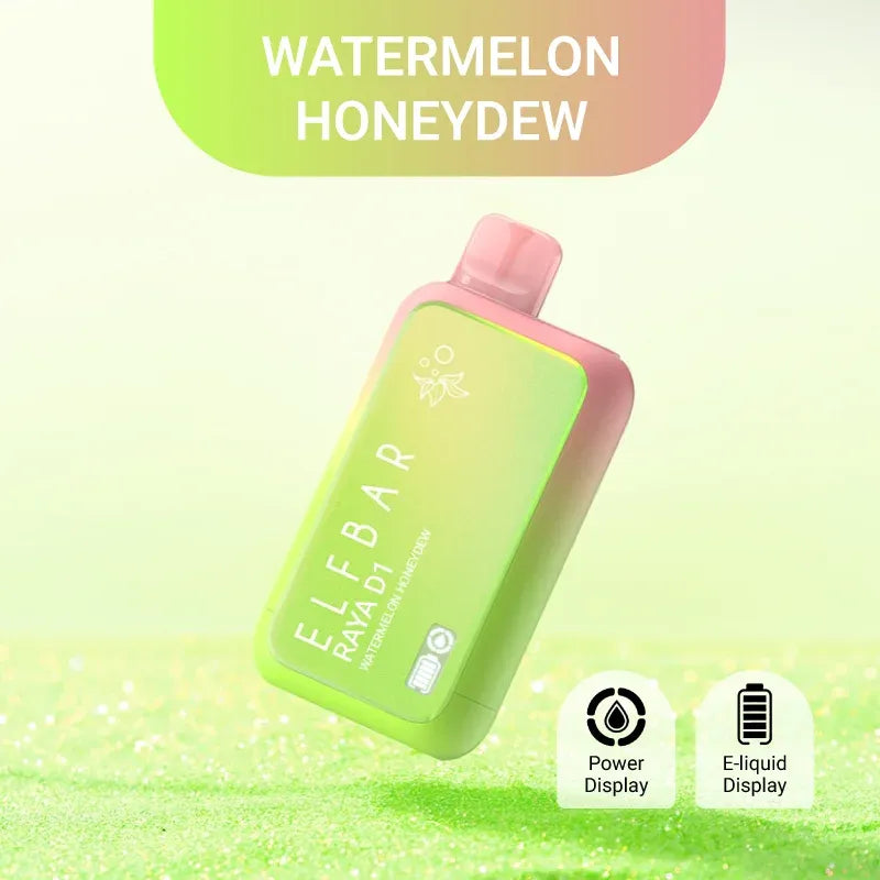 Elfbar raya d1 vape device with pink top on a light green background, featuring 'ELF BAR' branding.