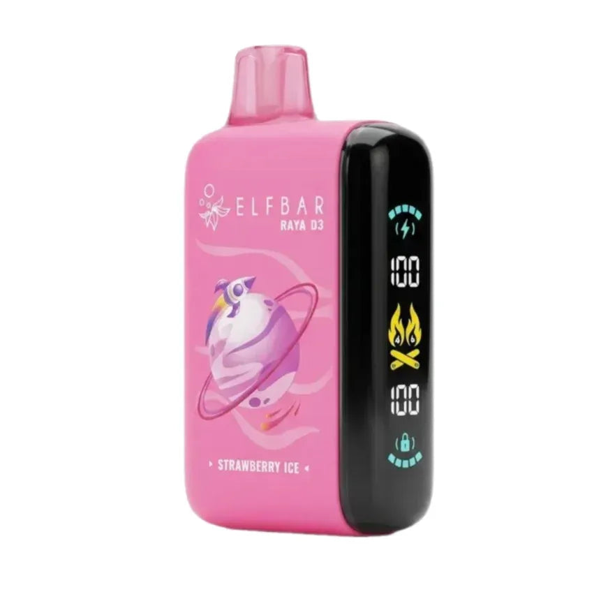 Pink ELFBAR RAYA D3 disposable vape device with a black side panel displaying a digital screen, featuring a cartoon bird illustration and 'Strawberry Ice' text on a white background.