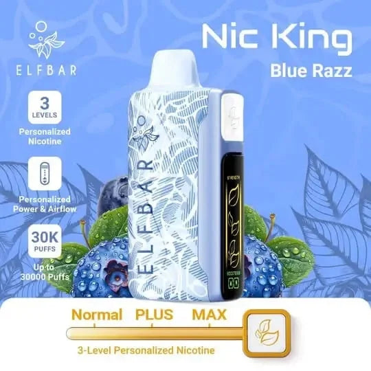 Elf Bar vape device with blue and green design on a blue background, featuring Nic King Blue Razz flavor.