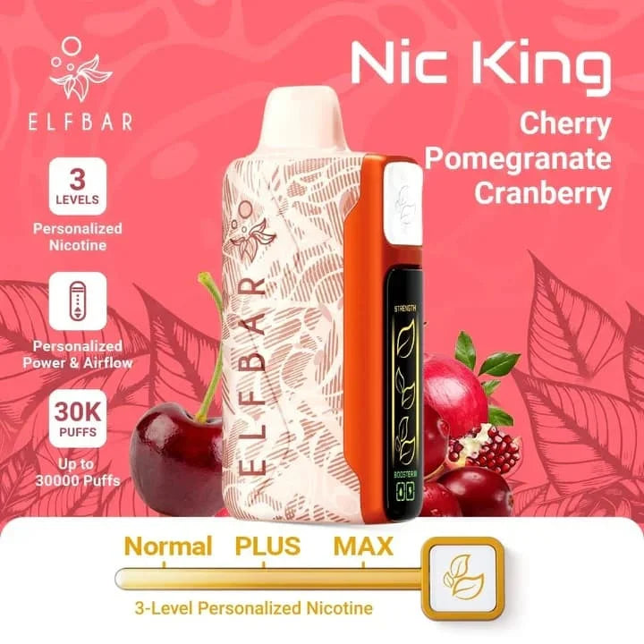 Elf Bar vape device with cherry, pomegranate, and cranberry graphics on a red background, featuring Nic King cherry pomegranate cranberry flavor.