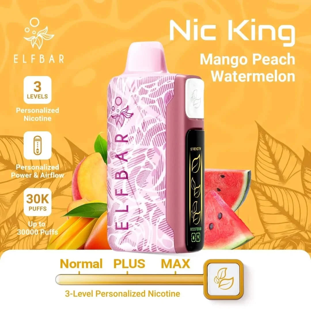 Elf Bar Nic king vape device with Mango Peach Watermelon flavor on a yellow background