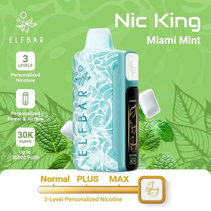 Elf Bar vape device with mint leaves on a green background, featuring Nic King Miami Mint flavor.