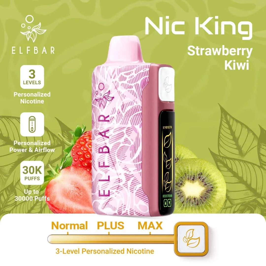 Elf Bar Nic King vape device with strawberry kiwi flavor on a green background