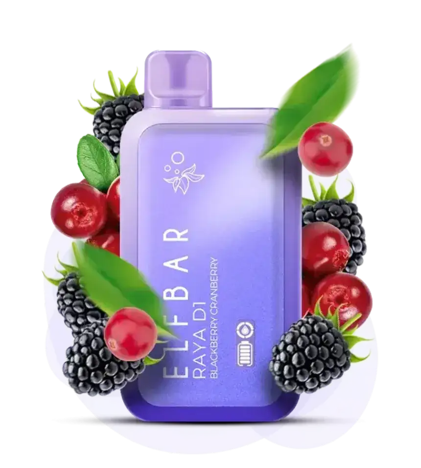 Elfbar Raya d1 blackberry cranberry vape device with blackberries and cranberries on a white background