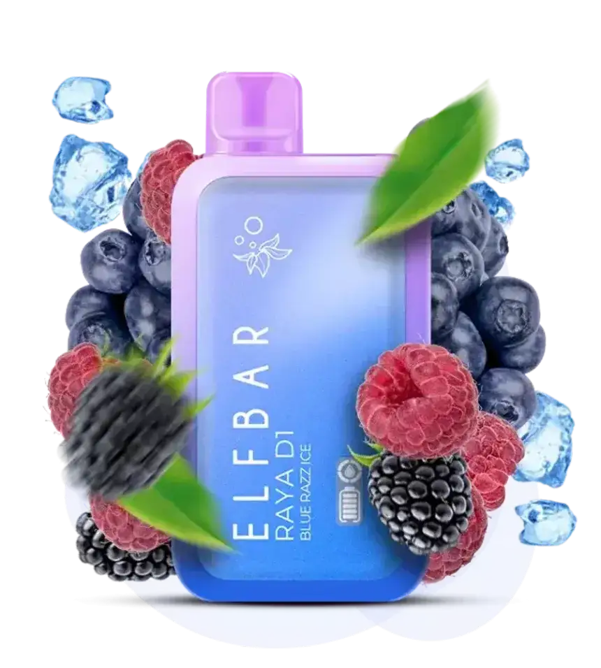 Elf Bar Rayablue razz vape device with blue and pink design, surrounded by berries and ice cubes on a white background.