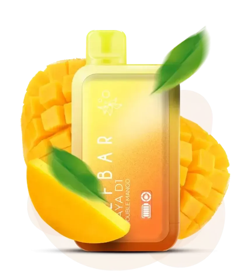 Elfbar Raya d1 double mango vape device with sliced mango on a white background