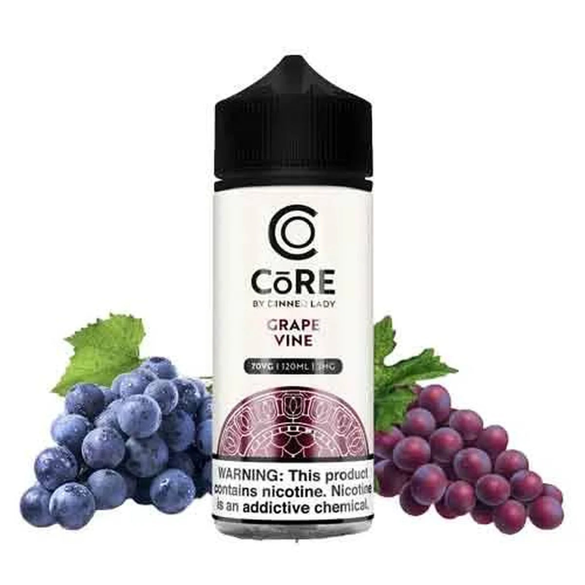 A bottle of CoRE Grape Vine e-liquid centered on a white background, flanked by clusters of blue and purple grapes with green leaves. The bottle is white with a black cap and black printed label text.