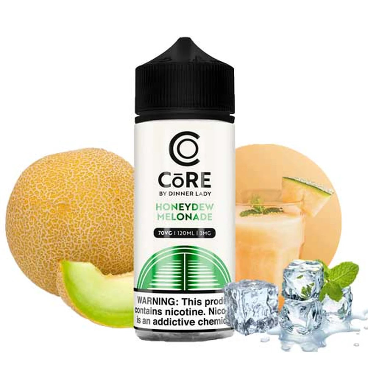 Core by Dinner Lady Honeydew Melonade vape juice bottle with melons and ice cubes on a white background