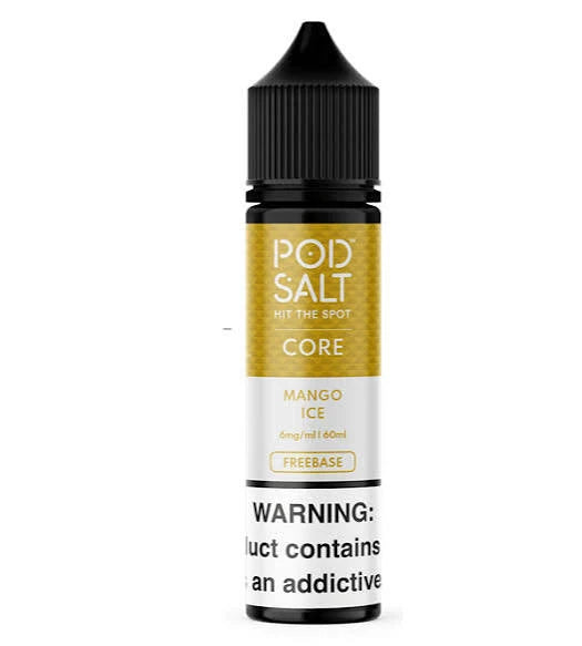 A bottle of POD SALT e-liquid in the 'Core' flavor, featuring a black cap and a label with a gold and white design, on a plain white background.