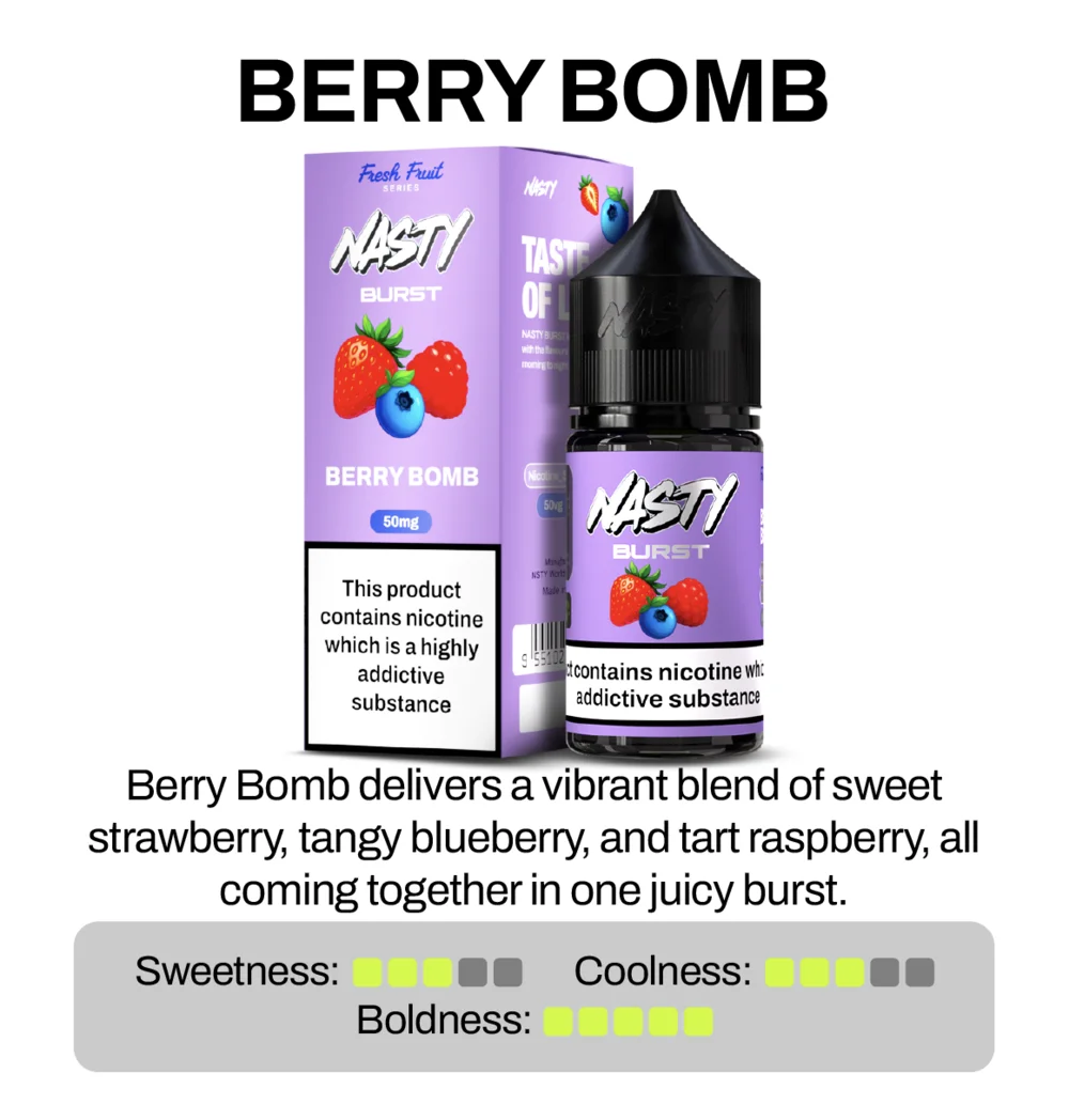 Nasty Brust Berry Bomb vape juice packaging and bottle on a white background