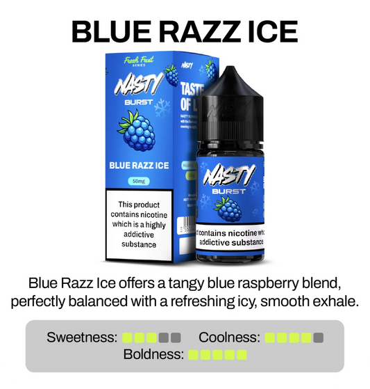 Nasty Brust Blue Razz Ice vape juice packaging with product description on a white background