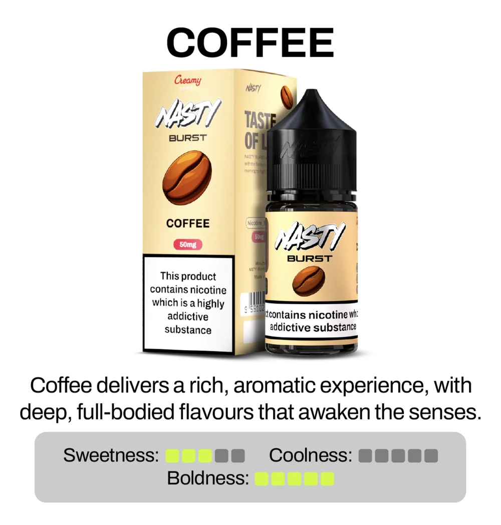 Nasty Brust Coffee flavor vape juice packaging with nicotine warning label on a white background