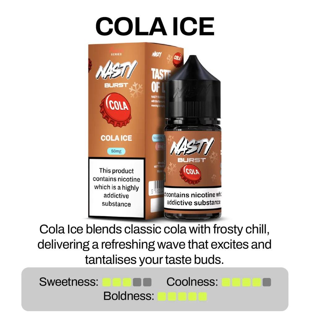 Nasty Brust Cola Ice vape juice packaging with product description on a white background