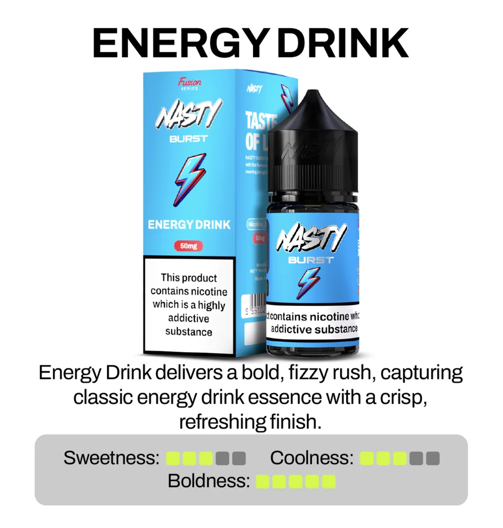 Nasty Burst energy drink packaging with bottle on a white background
