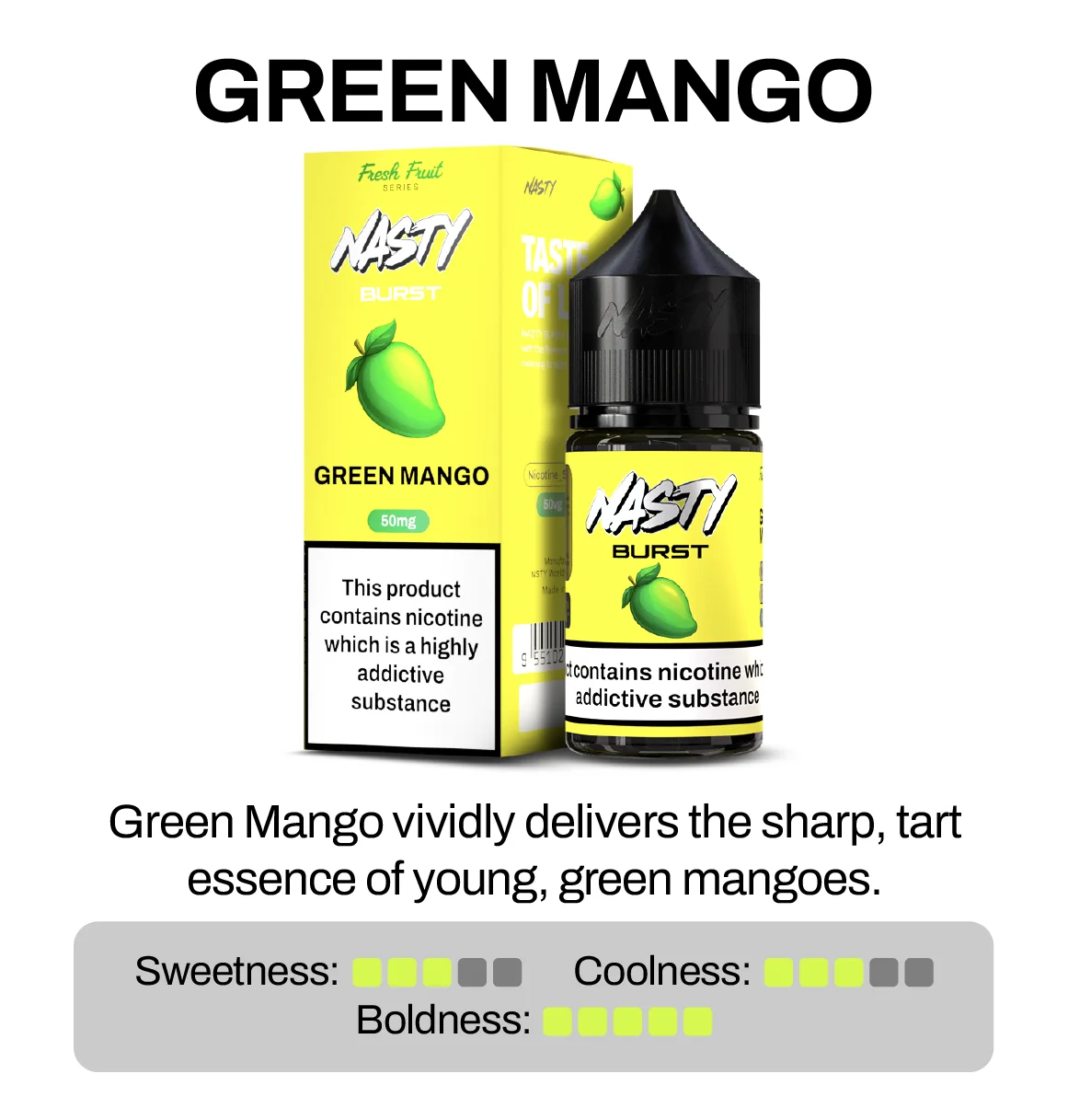 Nasty Brust Green Mango vape juice packaging with bottle on a white background