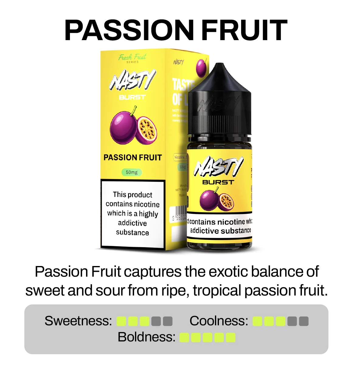 Nasty Brust Passion Fruit vape juice packaging with product description and rating.