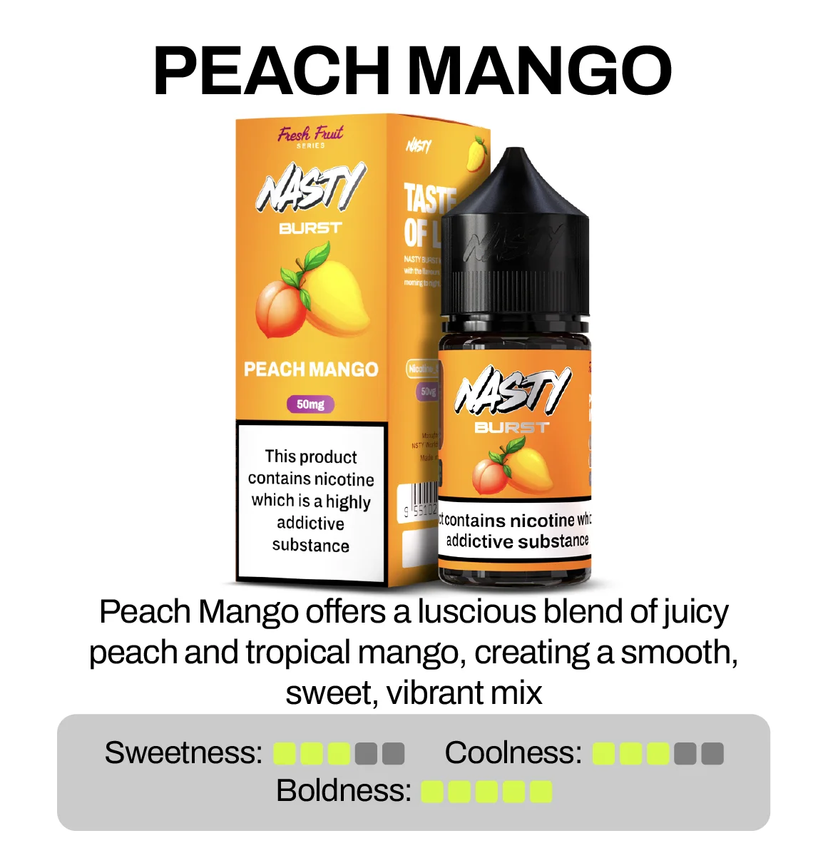 Nasty Brust Peach Mango vape juice packaging with product description on a white background