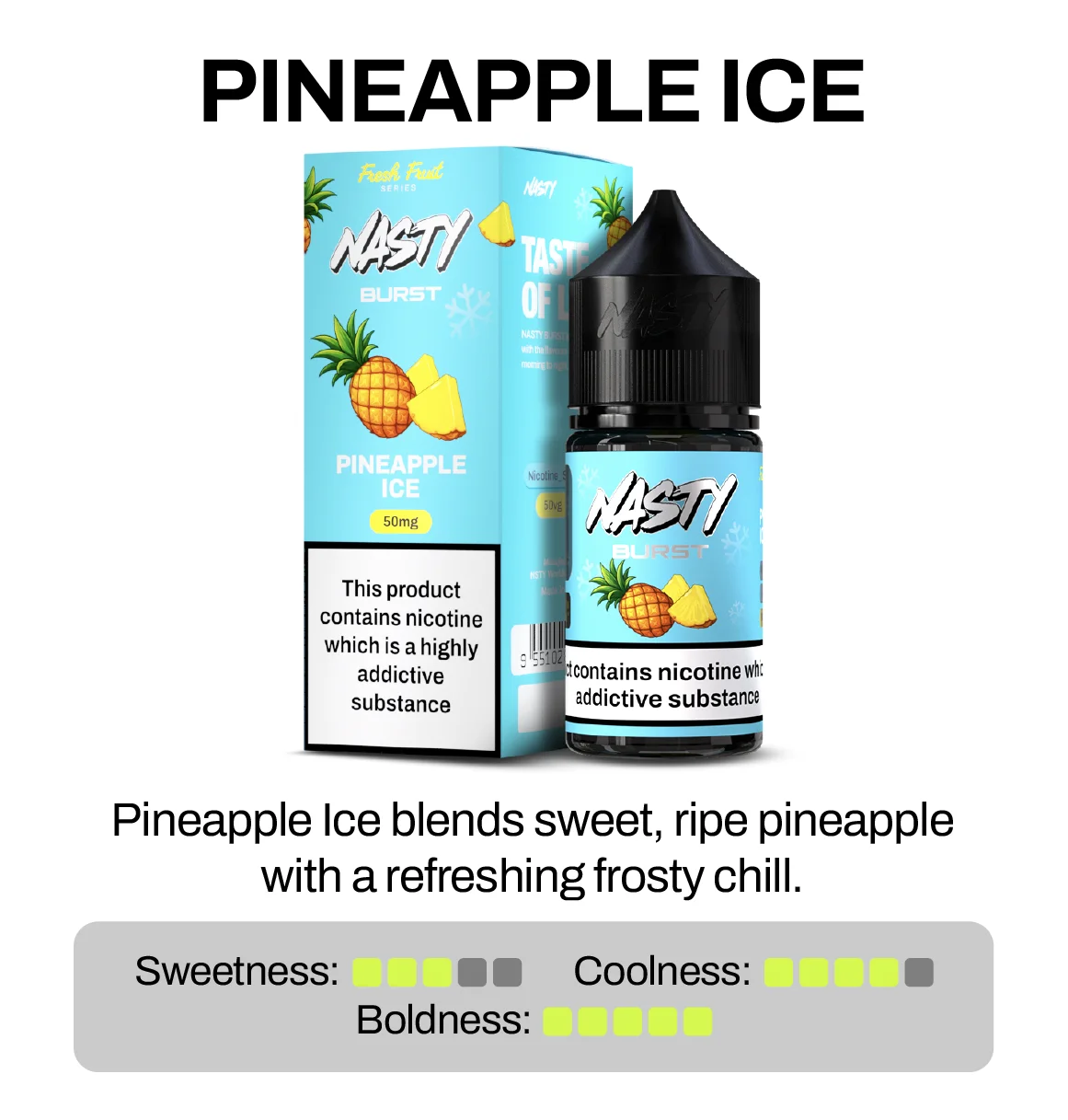 Nasty Brust Pineapple Ice vape juice packaging and bottle on a white background
