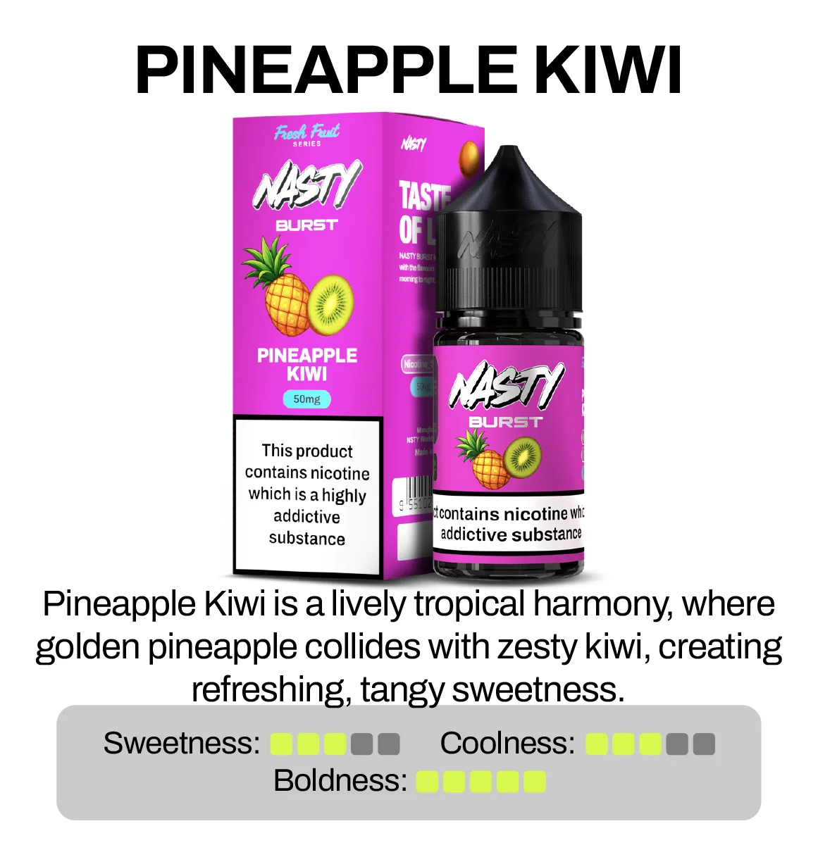Nasty Brust Pineapple Kiwi vape juice packaging with product description on a white background