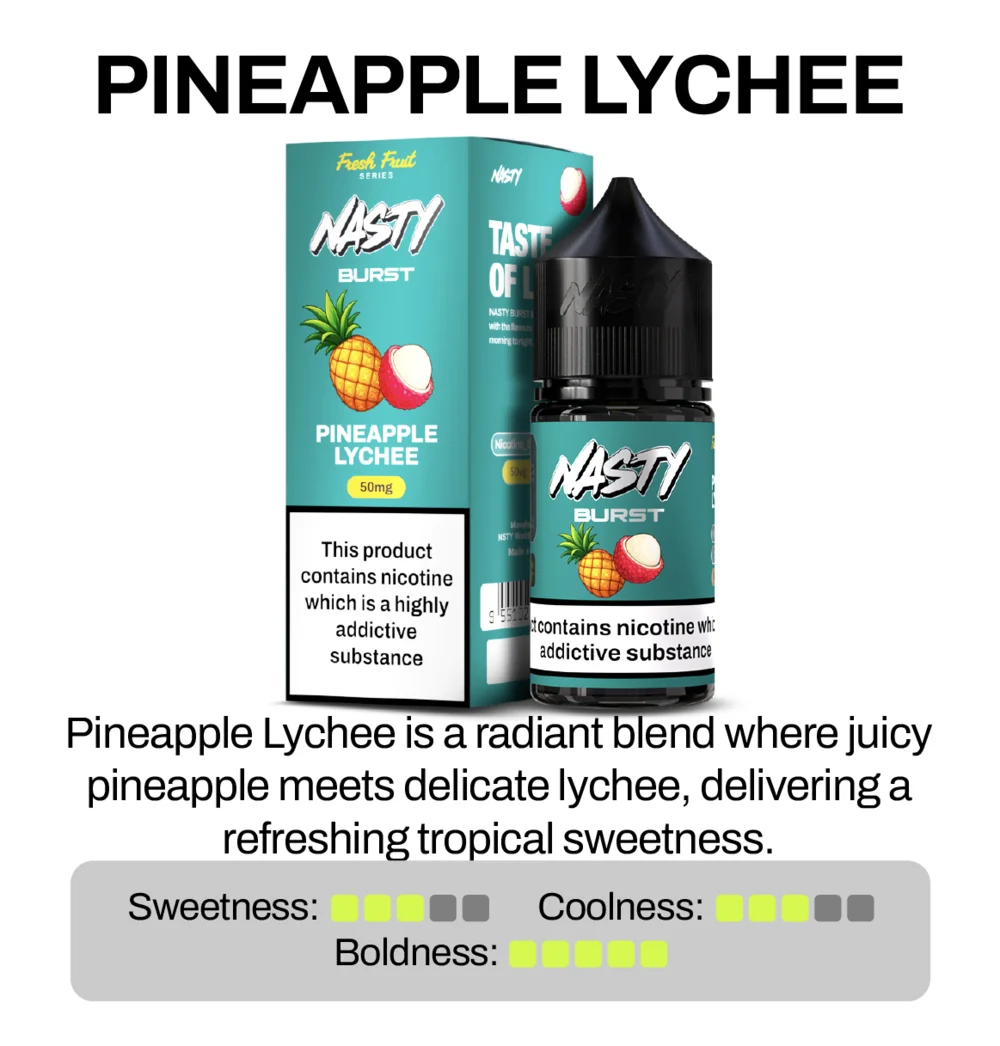 Nasty Brust Pineapple Lychee vape juice packaging with product description on a white background