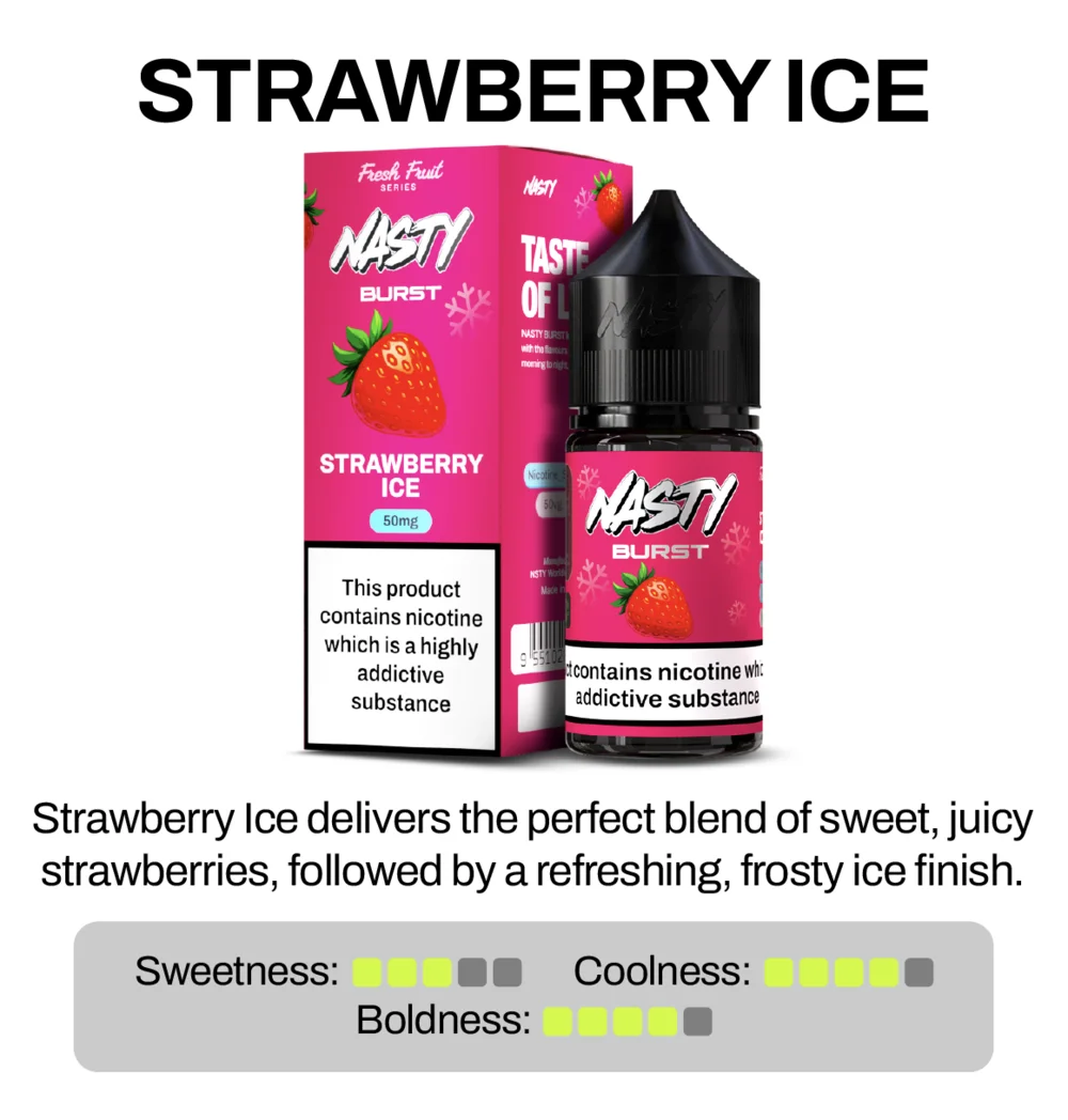 Nasty Burst Strawberry Ice vape juice packaging with product description on a white background